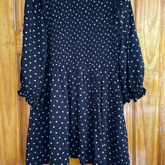 Madewell Smocked V-Neck Tunic Dress - Medium, Black with Tan Polka Dots - Picture 5 of 9